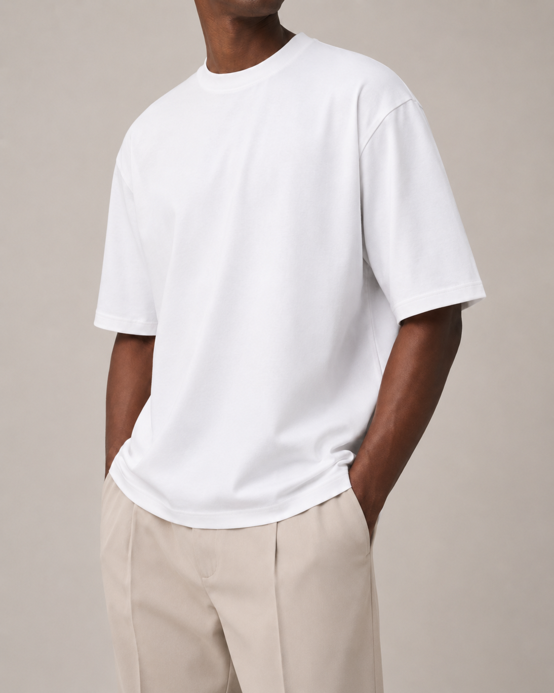 The Comfort Fit in White — oversized Suvin cotton t-shirt on model, front view.