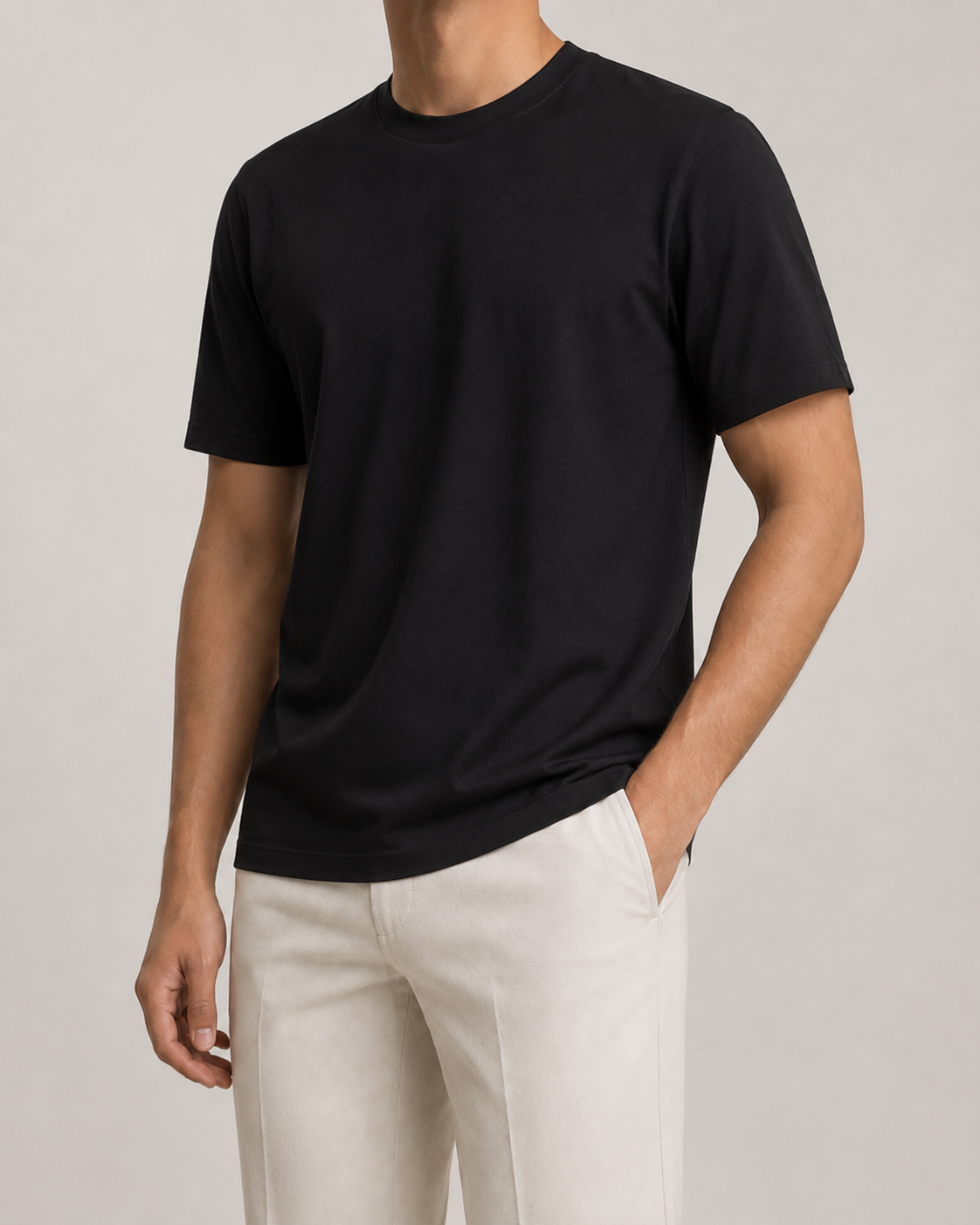 The Standard Fit in Black — classic-fit Suvin cotton t-shirt on model, front view.