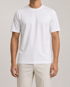 The Standard Fit in White — classic-fit Suvin cotton t-shirt on model, front view.